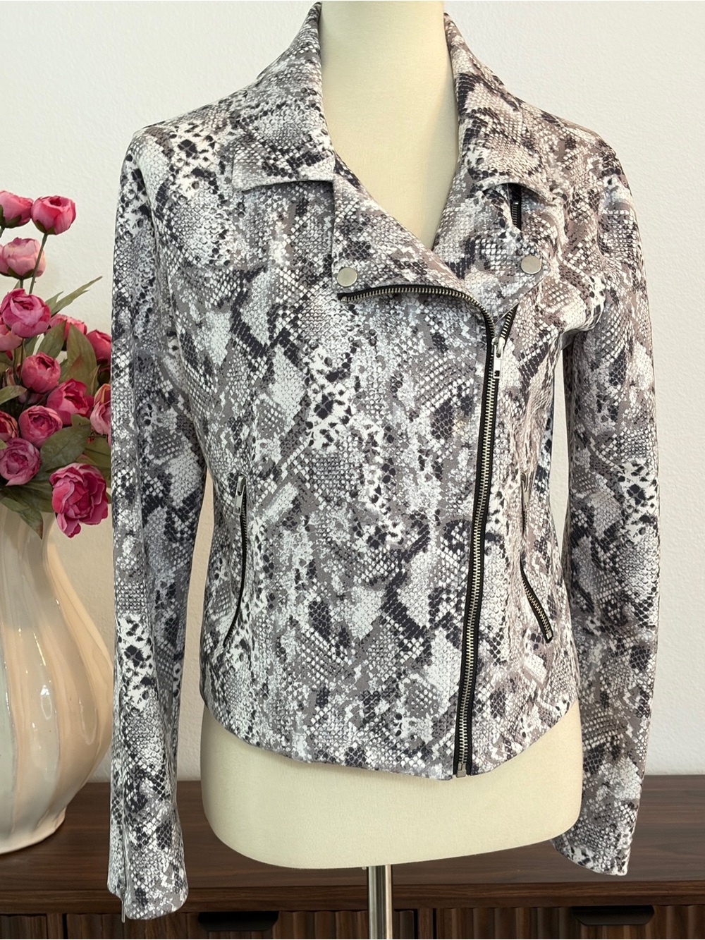 Sanctuary Snake-Print Asymmetrical Moto Jacket - Gray Black White